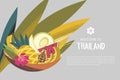 Basket with exotic fruits. Vector illustration. Welcome to Thailand.